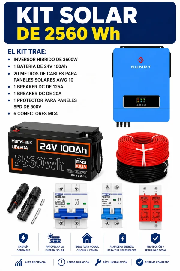 Kit solar de 2560Wh con inversor híbrido SUMRY 3600W, batería LiFePO4 24V 100Ah, cables, breakers y conectores MC4