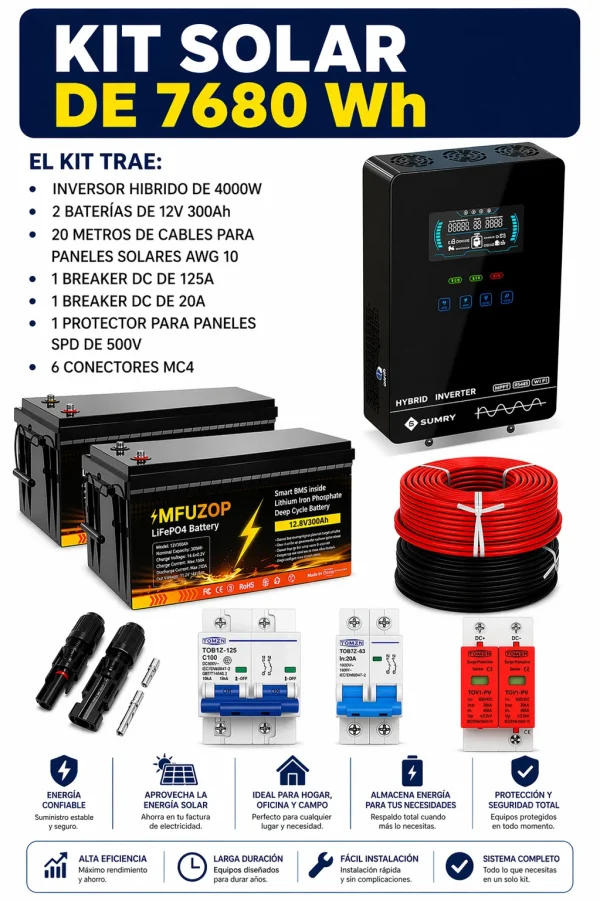 Kit solar de 7680Wh con inversor híbrido SUMRY 4000W, dos baterías LiFePO4 12V 300Ah, cables, breakers y conectores MC4