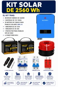 Kit Solar 2560Wh con Inversor Híbrido SUMRY 3600W y 2 Baterías LiFePO4 12V 100Ah