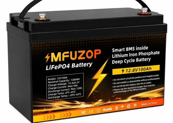 Batería de litio LiFePO4 MFUZOP 12.8V 100Ah 1280Wh con Smart BMS